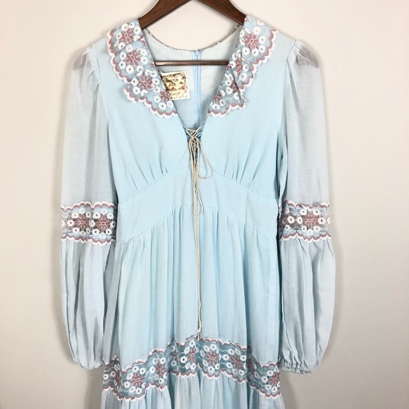 Vintage Gunne Sax Blue Boho Maxi Prairie Dress - Picture 2 of 16